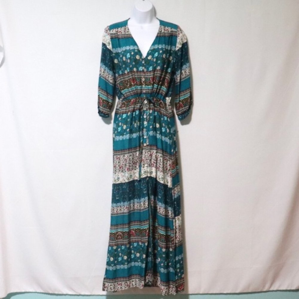 Vintage F H boho floral maxi tie waist dress M - Picture 1 of 2